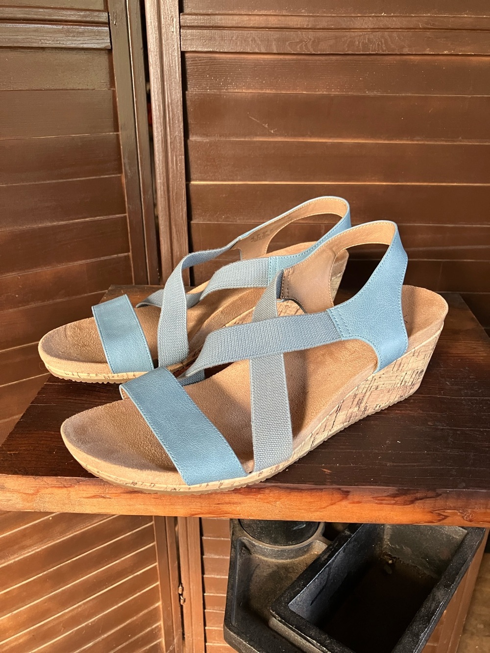 Life Stride Light Blue Elastic Crisscross Wedge Sandals 10M